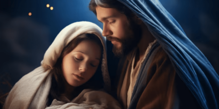 Maria e José com Jesus recém-nascido embrulhado em pano, num momento de ternura na noite iluminada