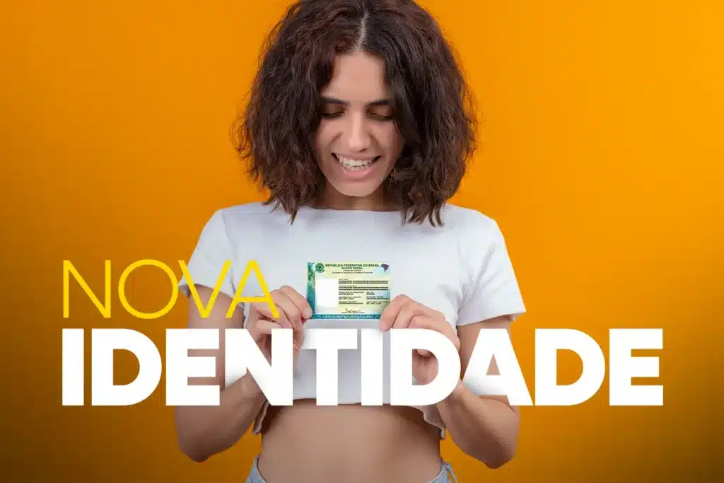 Nova Carteira de Identidade Nacional (CIN). Jovem sorridente exibindo a nova Carteira de Identidade Nacional (CIN) com design moderno em fundo vibrante.