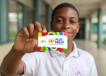 Adolescente segurando cartão Pé de Meia com cores vibrantes e logo do programa de poupança para ensino médio