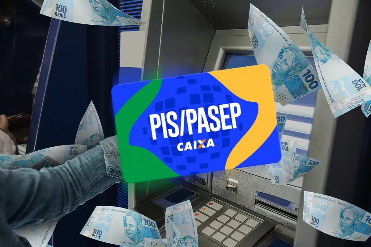 Saque PIS/PASEP na Caixa Econômica Federal Cartão PIS/PASEP Caixa em destaque com cédulas de 100 reais saindo do caixa eletrônico