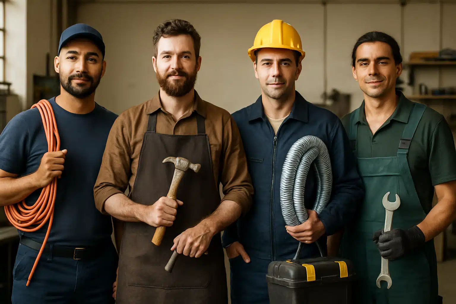 Equipe de trabalhadores da construção civil Quatro trabalhadores da construção civil com ferramentas