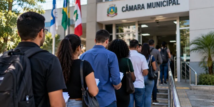 Candidatos em frente a uma Câmara Municipal representam novos concursos em Rio Azul e Nova Módica.