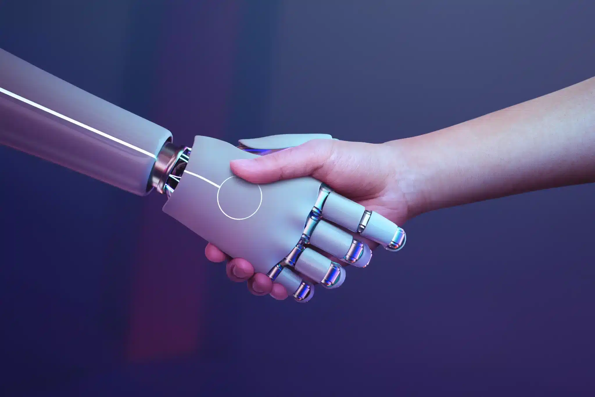 Aperto de mão entre humano e robô futurista Mão humana apertando mão robótica com design moderno e ambiente iluminado em tons de azul