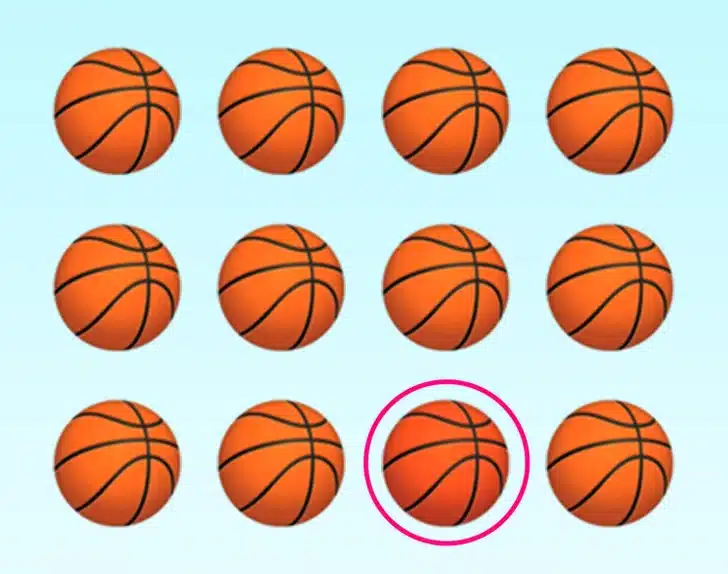 Encontre a bola de basquete fora do padrão Desafio visual com doze bolas de basquete laranja organizadas em três linhas e quatro colunas.