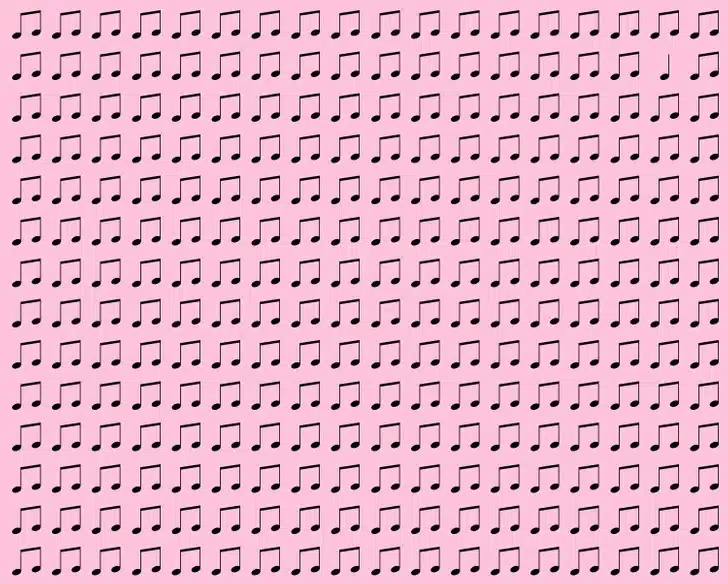 Encontre a nota que foge do padrão entre as repetitivas notas musicais. Desafio visual utilizando um fundo rosa claro com diversas notas musicais pretas repetidas em padrão regular