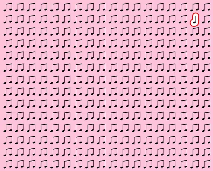 Encontre a nota diferente nesta imagem com o fundo rosa e várias notas musicais pretas Desafio visual utilizando um fundo rosa claro com diversas notas musicais pretas repetidas em padrão regular