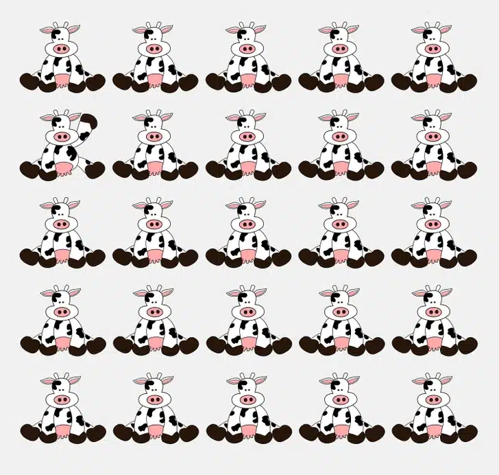 Teste seu olhar: encontre a vaca diferente em meio a outras vacas iguais. Desafio visual com várias vacas desenhadas em estilo desenho em várias linhas com uma vaca diferente entre elas