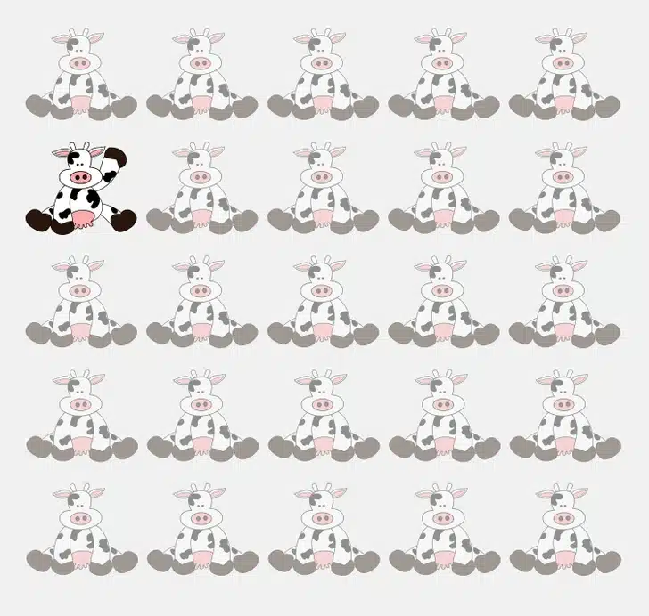 Encontre a vaca diferente entre as demais vacas Desafio visual com várias vacas desenhadas em estilo desenho em várias linhas com uma vaca diferente entre elas