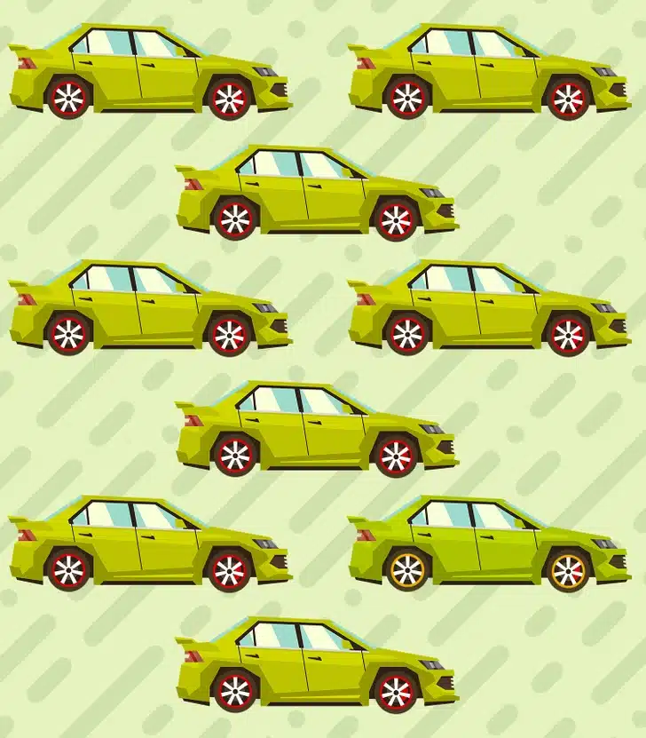 Ache o carro fora do padrão entre várias versões do mesmo carro verde. Desafio visual com uma ilustração de carros verdes com diversas combinações de rodas em fundo claro
