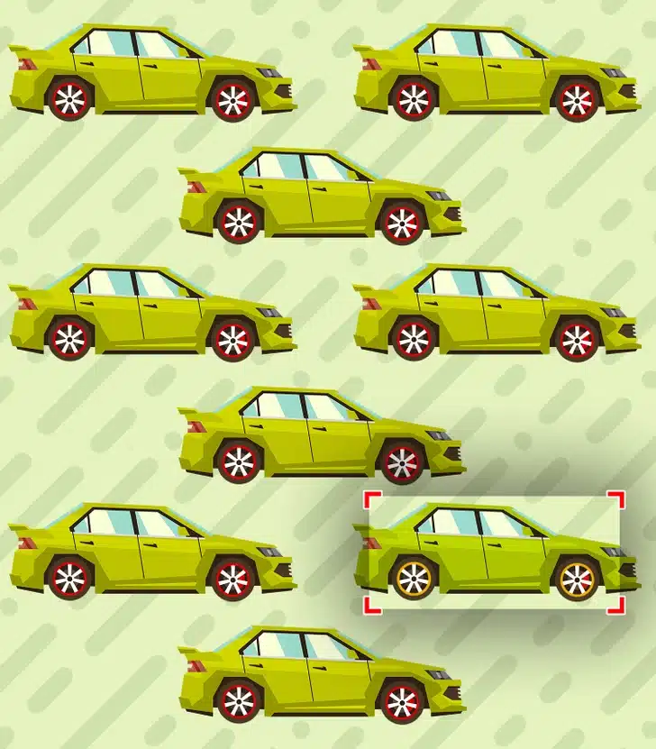Encontre o carro diferente entre os carros verdes Desafio visual com uma ilustração de carros verdes com diversas combinações de rodas em fundo claro