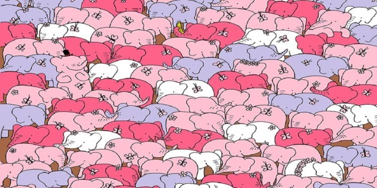 Desafio visual com elefantes rosas, lilás e brancos empilhados, e um coração escondido entre eles
