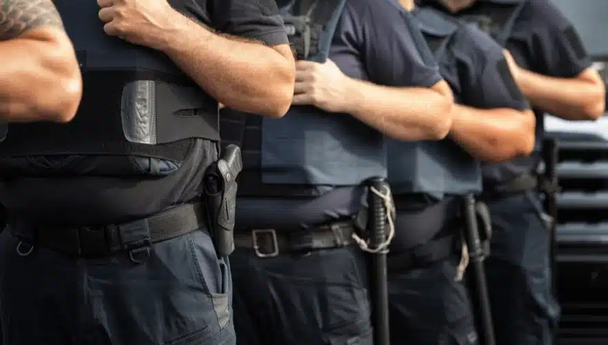 Vagas de Vigilante com Altos Salários Imagem de perto de um grupo de vigilantes profissionais com coletes táticos e equipamentos, representando a força de trabalho da segurança privada e a busca por melhores oportunidades de emprego.