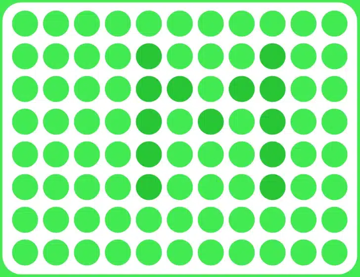 Ache a letra M camuflada entre os círculos verdes. Teste visual com círculos verdes organizadas em linhas sobre fundo branco com borda verde arredondada