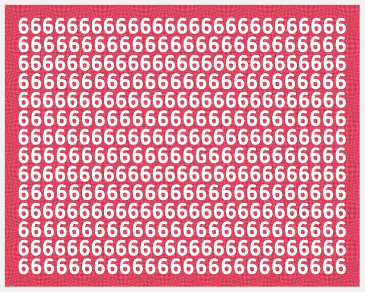 Desafio visual: Encontre uma letra entre vários dígitos 6 em fundo rosa. Teste visual com números 6 repetidos e uma letra escondida para encontrar.