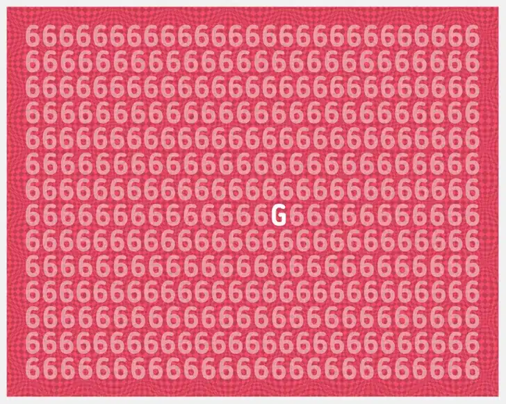 Desafio visual: Encontre uma letra escondida na imagem Teste visual com números 6 repetidos e uma letra escondida para encontrar.