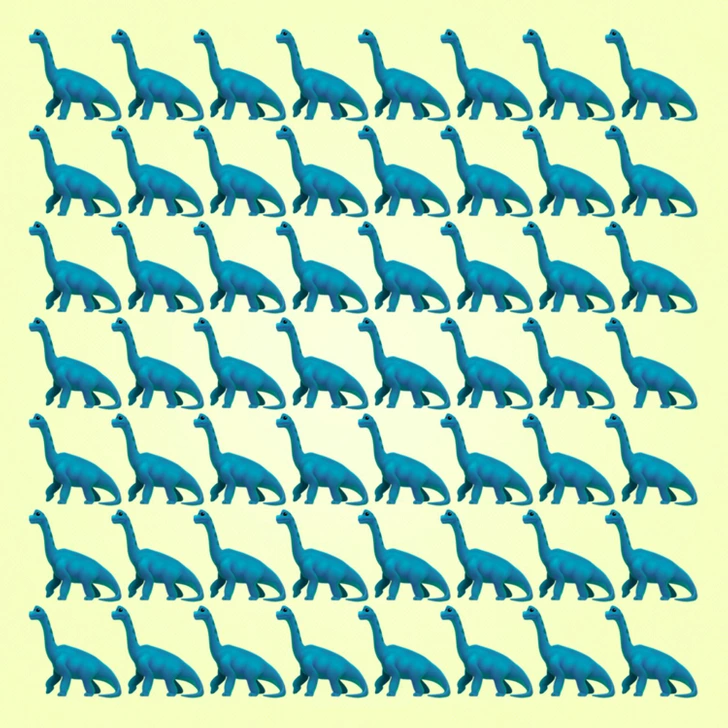 Encontre o dinossauro diferente entre diversos dinossauros azuis. Teste visual com múltiplos dinossauros azuis organizados em linhas sobre fundo amarelo