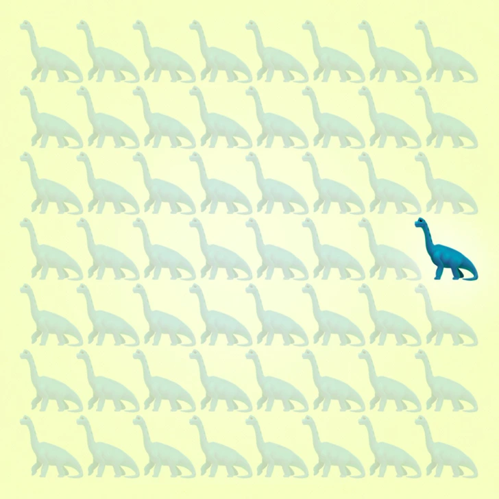 Encontre o dinossauro fora do padrão entre os dinossauros azuis sobre fundo claro Teste visual com múltiplos dinossauros azuis organizados em linhas sobre fundo amarelo