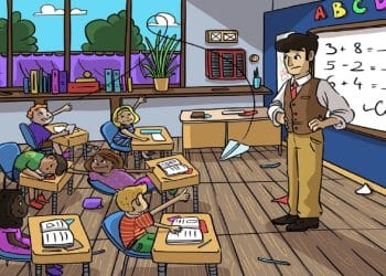 Teste visual com uma turma de alunos sentados em carteiras em sala de aula com professor de terno e gravata ao lado do quadro branco com contas matemáticas.