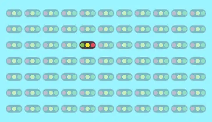 Encontre o semáforo com as luzes fora de ordem Teste visual com vários semáforos com círculos nas cores vermelha, amarela e verde