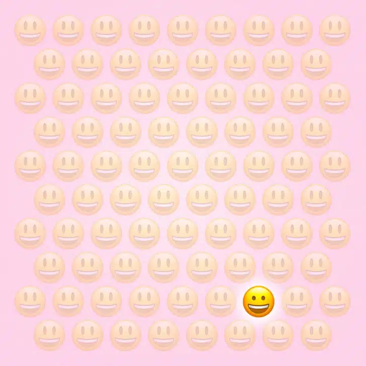 Ache o emoji fora do padrão na imagem com vários emojis sorrindo. Teste visual com vários emojis amarelos sorridentes alinhados em fundo rosa claro
