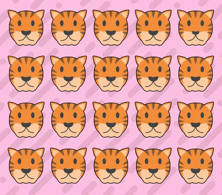 Encontre o tigre fora do padrão entre vários rostos de tigre. Teste visual com vários rostos de tigre laranja com listras pretas em padrão repetido sobre fundo rosa com manchas e linhas