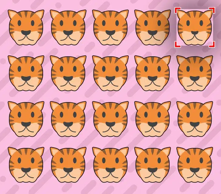 Ache o tigre diferente entre os rostos de tigre sobre um fundo rosa. Teste visual com vários rostos de tigre laranja com listras pretas em padrão repetido sobre fundo rosa com manchas e linhas