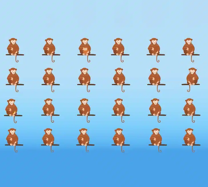 Encontre os macacos diferentes entre vários macacos sentados em galhos. Teste visual com vários macacos sentados em galhos.