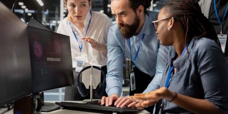 Profissionais com crachás trabalhando em equipe analisando sistema de segurança em monitor