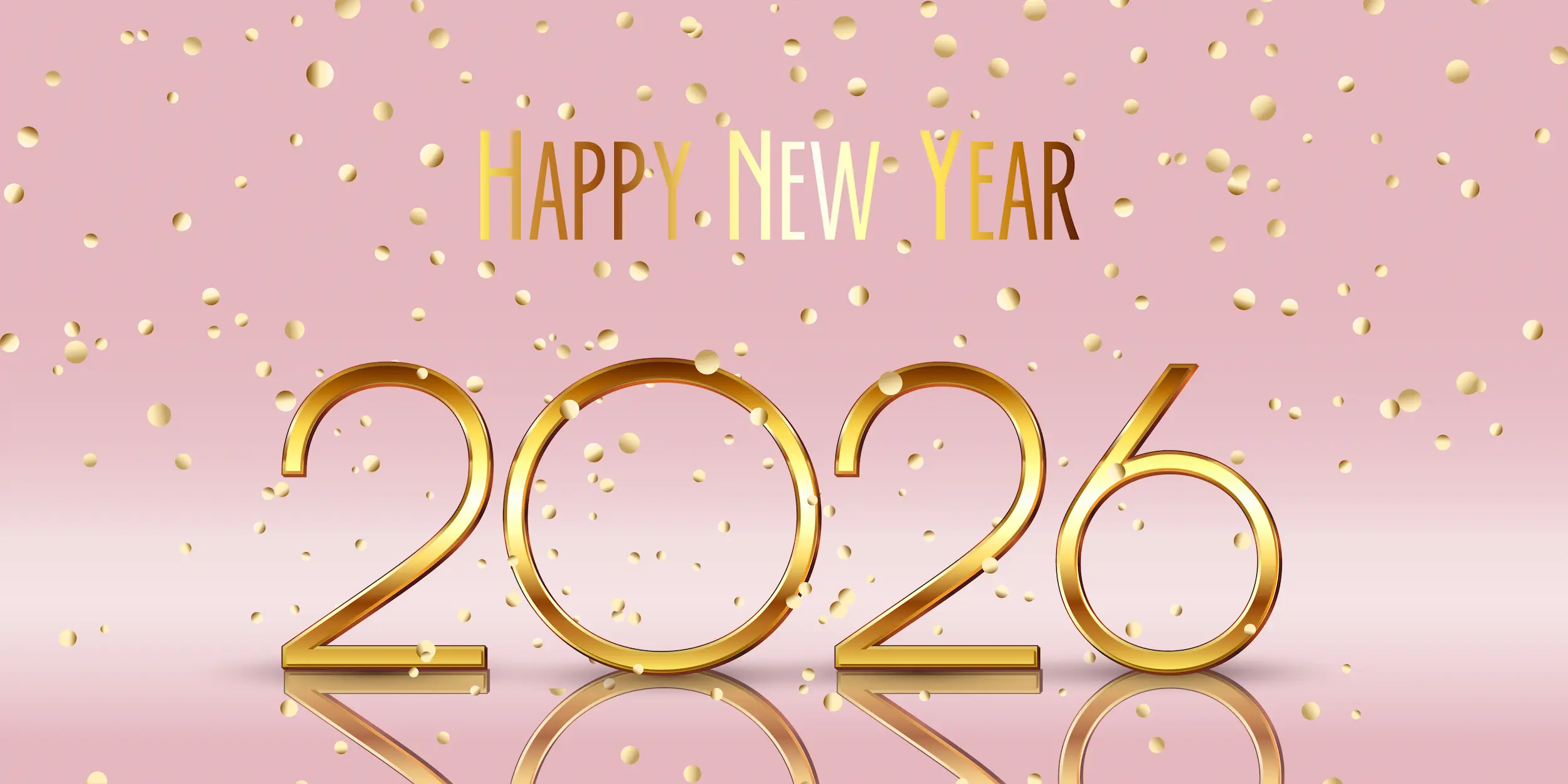 Funcionamento dos Bancos em 02 de Janeiro de 2026 - Após o Feriado de Ano Novo. Mensagem de Ano Novo com números dourados 2026 em fundo rosa e partículas douradas ao redor.