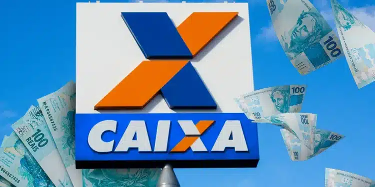 Fachada da Caixa Econômica Federal com notas de dinheiro representando liberação de R$ 200 e R$ 1.800 para famílias.