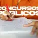 Pessoa escrevendo anotações à caneta vermelha em caderno com texto concursos públicos ao fundo