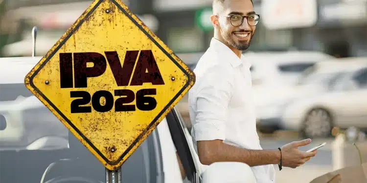Homem sorridente encostado em carro com placa de aviso “IPVA 2026”, ilustrando pagamento antecipado do imposto com desconto.