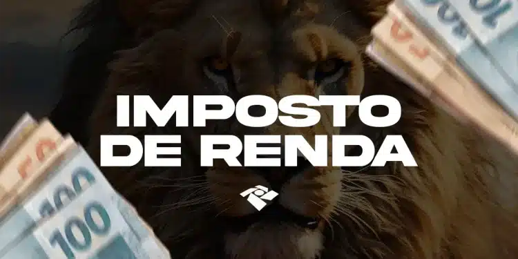 Imagem de um leão com olhar intenso ao fundo, sobreposto pelo texto "Imposto de Renda" em branco e notas de dinheiro em movimento.