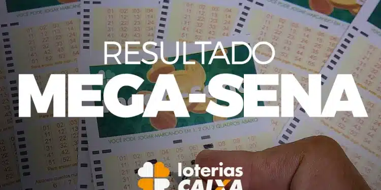 Mãos preenchendo volantes da Mega-Sena com texto resultado mega-sena e logo da Caixa Loterias