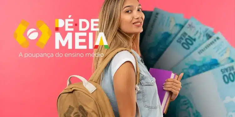 Estudante do ensino médio com mochila e cadernos representando o programa Pé-de-Meia que pagará R$ 1.200 mensais a partir de 2026.
