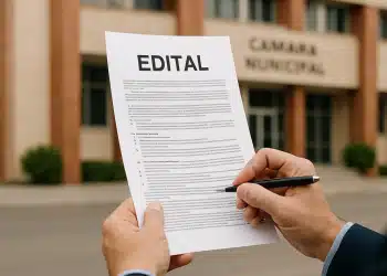 Mãos segurando e apontando um documento de edital em frente à fachada da Câmara Municipal.