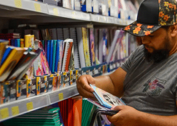 Homem com boné florido segurando caderno enquanto escolhe material escolar em prateleira cheia de cadernos coloridos