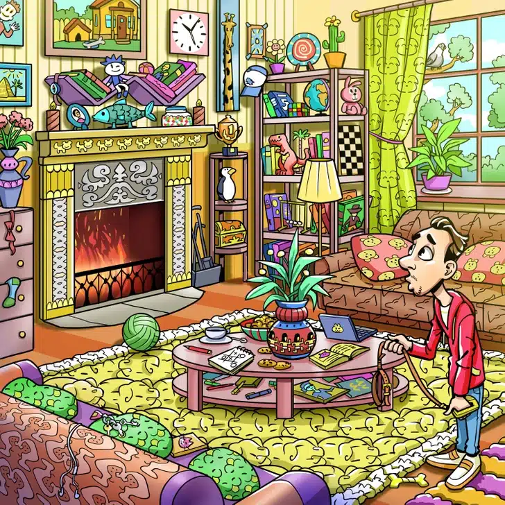 Encontre o cachorro escondido na sala com lareira, pilha de livros, objetos e brinquedos. Desafio visual com lareira acesa, móveis coloridos, plantas, brinquedos, e homem olhando ao redor