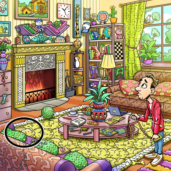 Encontre o cachorro na sala colorida com decoração detalhada e homem pensativo Desafio visual com lareira acesa, móveis coloridos, plantas, brinquedos, e homem olhando ao redor