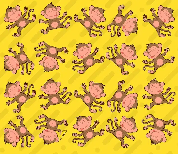 Encontre o único macaco com a banana entre os macacos em diversas posições sobre um fundo amarelo. Desafio visual com uma ilustração com vários macacos em diferentes poses sobre fundo amarelo