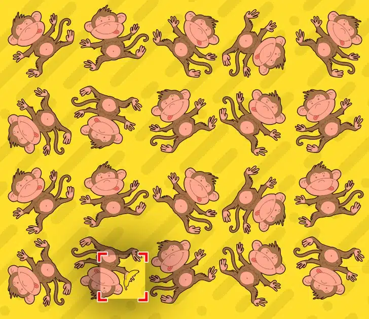 Ache o macaco com a banana no meio do padrão repetitivo de macacos. Desafio visual com uma ilustração com vários macacos em diferentes poses sobre fundo amarelo
