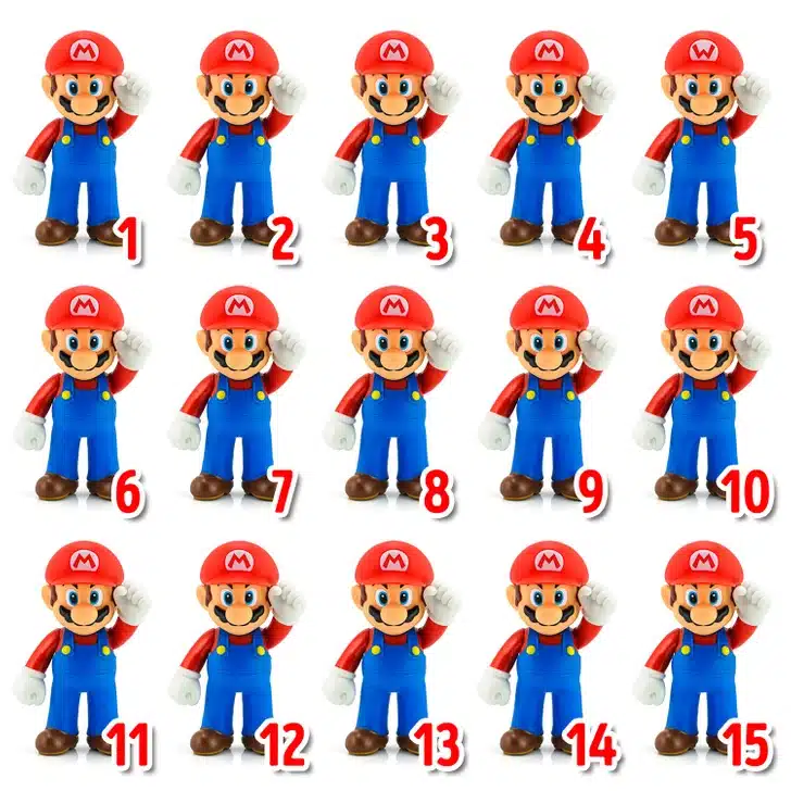 Encontre o Mario diferente na imagem que mostra quinze Marios. Desafio visual com várias imagens do personagem Mario usando chapéus, numeradas de 1 a 15.