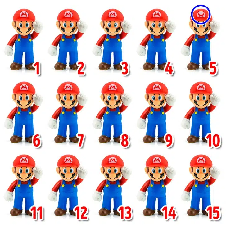 Encontre o Mario diferente entre os personagens do Mario. Desafio visual com várias imagens do personagem Mario usando chapéus, numeradas de 1 a 15.
