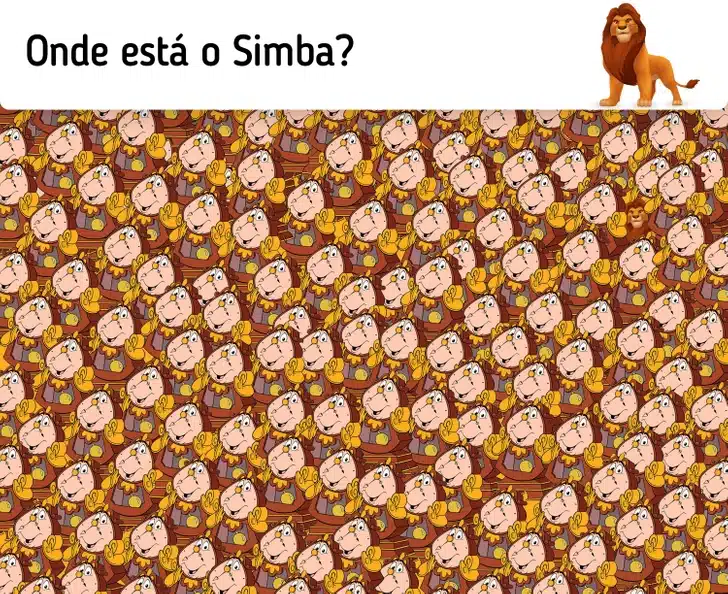 Desafio visual: onde está o Simba escondido entre muitos relógios semelhantes? Desafio visual com uma ilustração colorida de vários relógios idênticos e um Simba escondido entre eles.