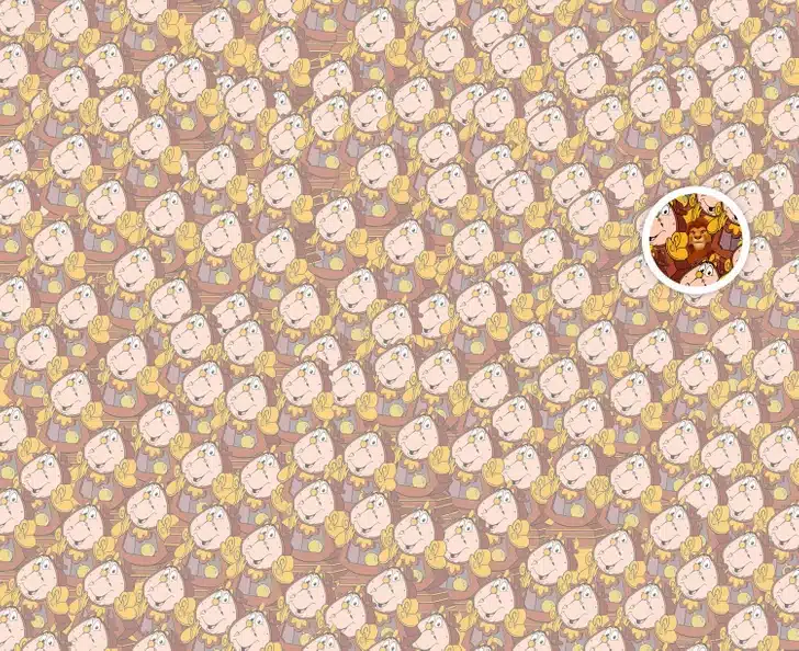 Encontre o Simba no meio dos relógios. Desafio visual com uma ilustração colorida de vários relógios idênticos e um Simba escondido entre eles.