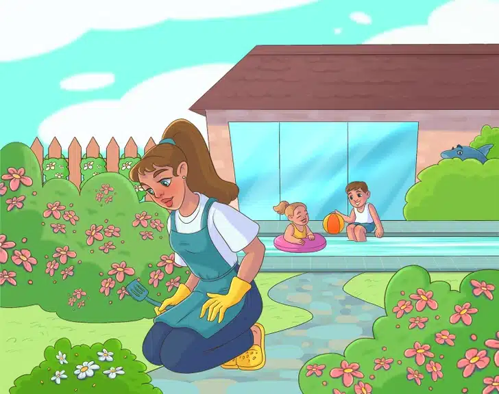 Ache dois erros enquanto a mulher organiza o jardim e as crianças se divertem na piscina. Desafio visual com uma mulher de avental cuidando das flores no jardim enquanto duas crianças brincam na piscina ao fundo