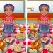 Desafio visual com um menino sorrindo em festa com bolo roxo e alimentos diversos sobre mesa xadrez vermelha