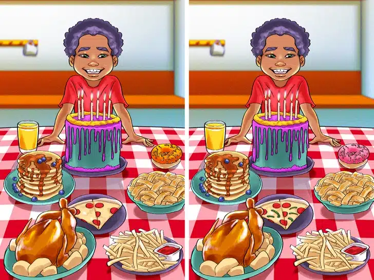 Encontre três diferenças na imagem com o menino celebrando o aniversário. Desafio visual com um menino sorrindo em festa com bolo roxo e alimentos diversos sobre mesa xadrez vermelha