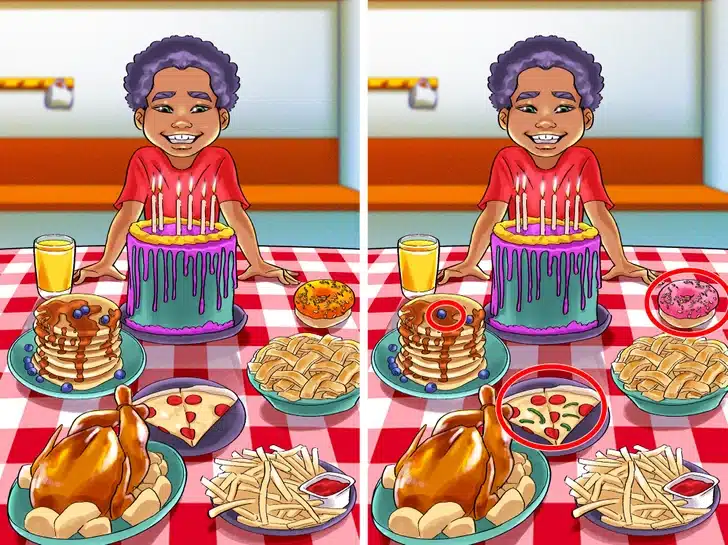 Ache três diferenças nesta imagem de um aniversário com menino sorridente Desafio visual com um menino sorrindo em festa com bolo roxo e alimentos diversos sobre mesa xadrez vermelha