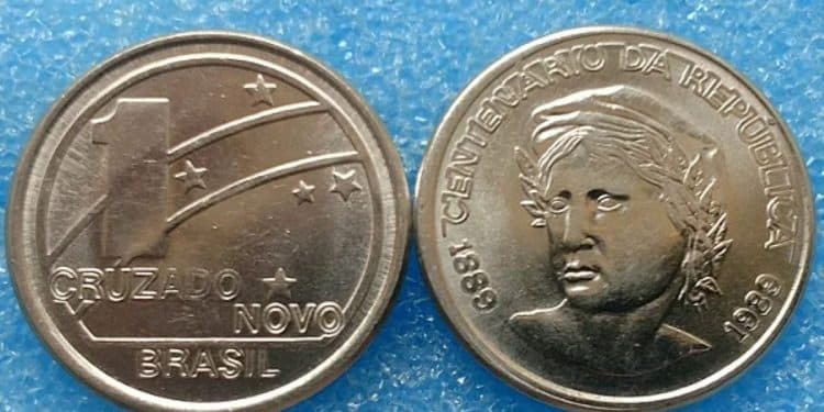 Frente e verso da moeda de 1 Cruzado Novo de 1989 (Comemorativa do Centenário da República com defeito raro)